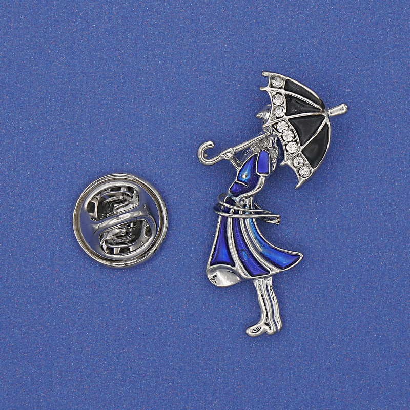 Girl with Umbrella Brooch, White Rhinestones, Blue Enamel, Gold-Tone Metal, 32x16mm+