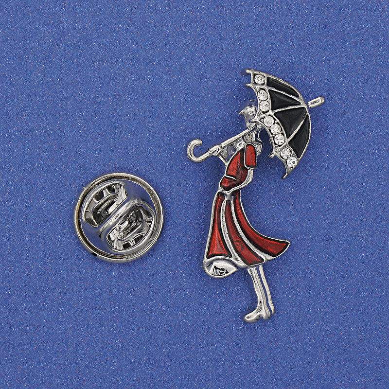 Girl with an Umbrella Brooch White Rhinestones Red Enamel Gold-Tone Metal 32x16mm+