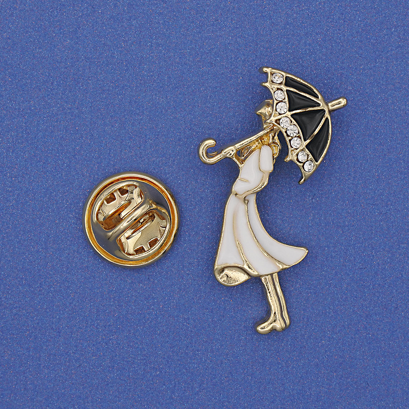 Brooch Girl with Umbrella White Rhinestones White Enamel Gold-Tone Metal 32x16mm+