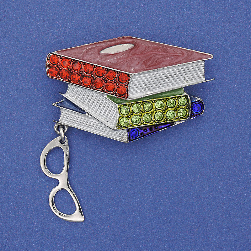 Brooch Books with Glasses Colourful Enamel Rhinestones Silver-Tone Metal 45x28x48mm+