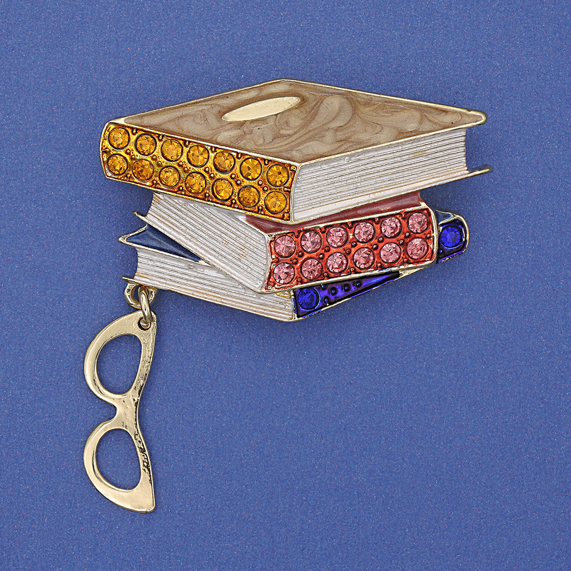 Brooch Books with Glasses Colourful Enamel Rhinestones Gold-Tone Metal 45x28x48mm+