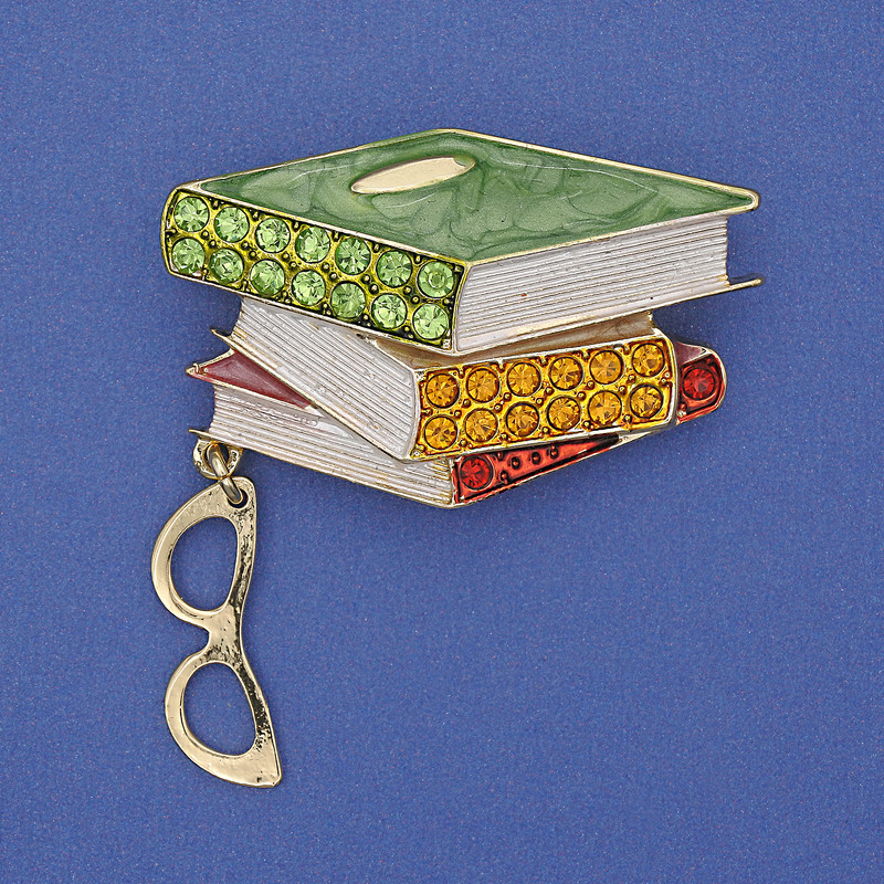 Brooch Books with Glasses Colourful Enamel Rhinestones Gold-Tone Metal 45x28x48mm+
