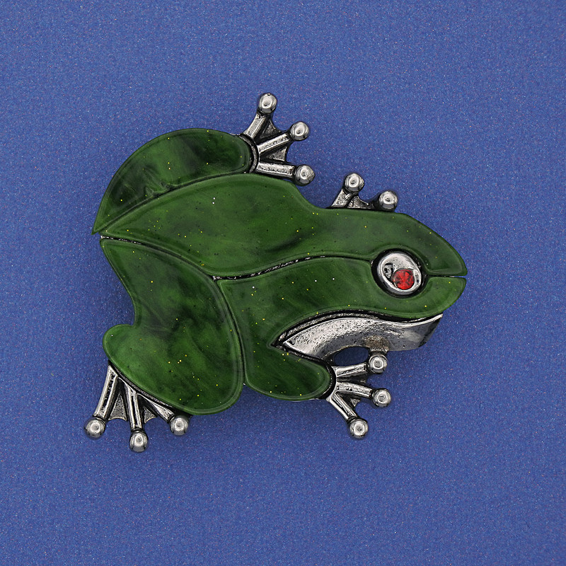 Brooch Pendant Frog Mother-of-Pearl Green Colour Rhinestones Silver-Tone Metal 35x34mm+
