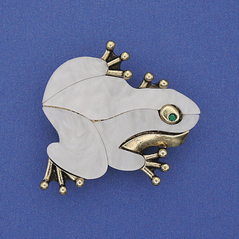 Brooch Pendant Frog Mother-of-Pearl White Colour Rhinestones Gold-Tone Metal 35x34mm+