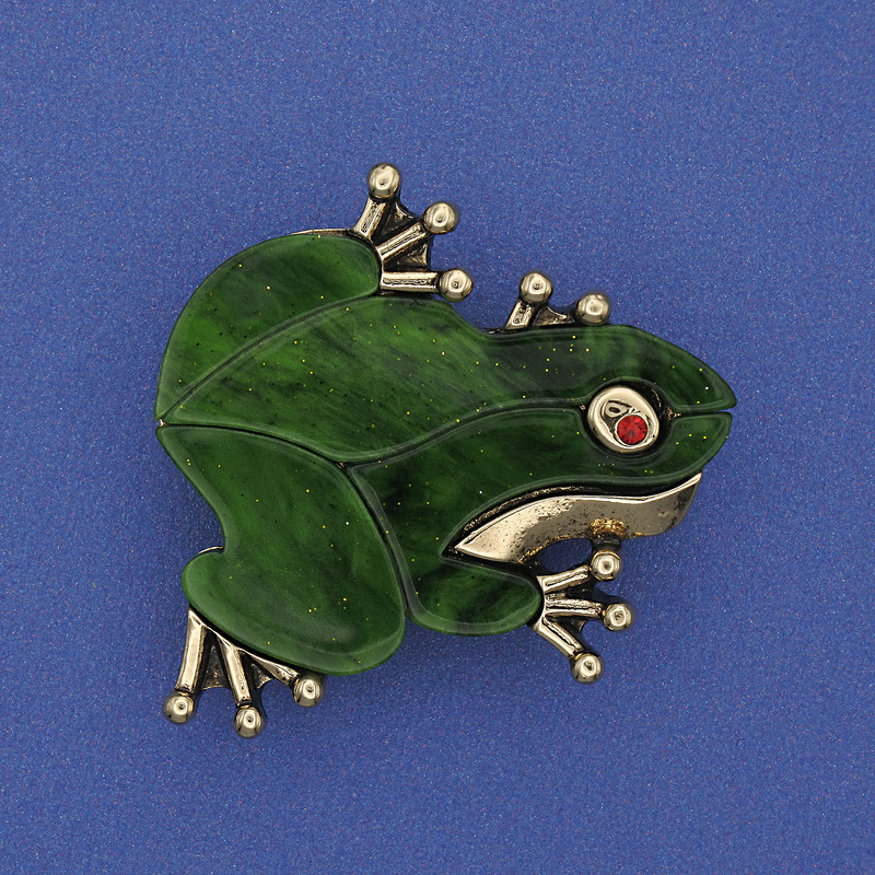 Brooch Pendant Frog Mother-of-Pearl Green Colour Rhinestones Gold-Tone Metal 35x34mm+