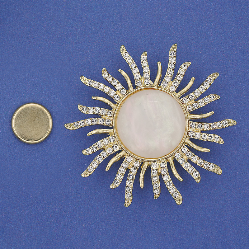 Magnetic Brooch Mother-of-Pearl Sun White Rhinestones Gold-Tone Metal 47mm+