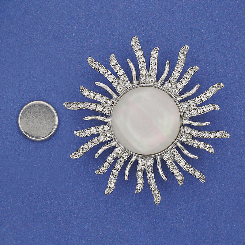 Magnetic Brooch Mother-of-Pearl Sun White Rhinestones Silver-Tone Metal 47mm+