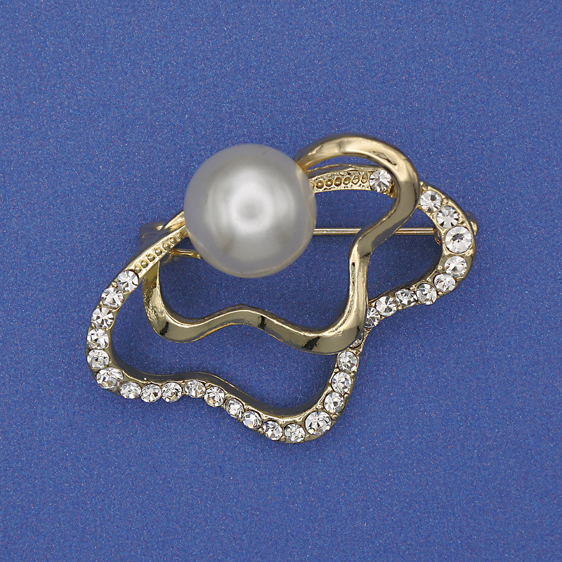Accent Brooch Pearl (Faux) White Rhinestones Gold-Tone Metal 37x30mm+