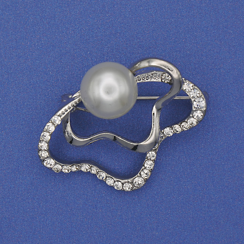 Accent Brooch Pearl (Faux) White Rhinestones Silver-Tone Metal 37x30mm+