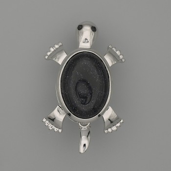 Brooch Pendant Turtle Cairo Night Aventurine 52x35mm+ Movable Parts Silver-Tone Metal