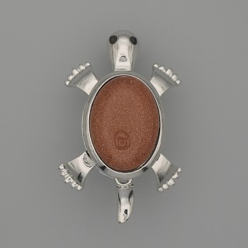Brooch Pendant Turtle Aventurine Golden Sand 52x35mm+/- movable parts silver-tone metal