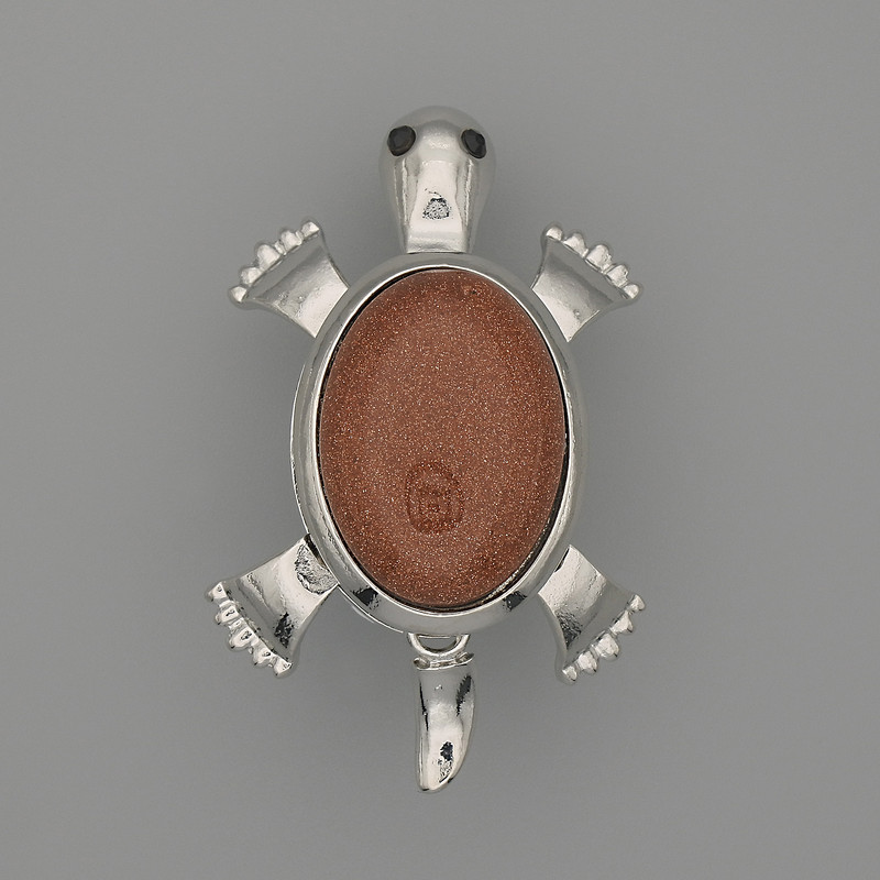 Brooch Pendant Turtle Aventurine Golden Sand 52x35mm+/- movable parts silver-tone metal