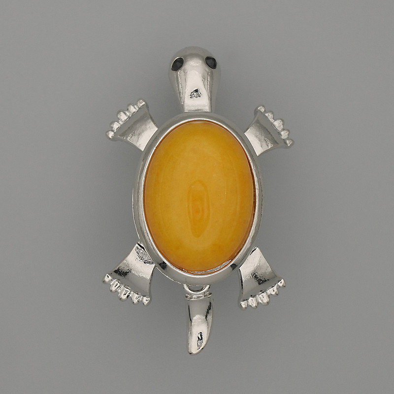 Brooch Pendant Turtle Imitation Amber 52x35mm+/- Moving Parts Silver-Tone Metal