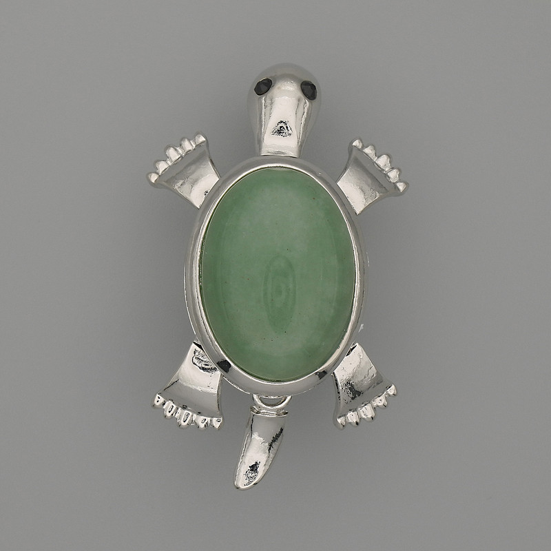 Brooch Pendant Turtle Jade 52x35mm+/-, moving parts, silver-tone metal