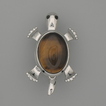 Brooch Pendant Turtle Tiger's Eye 52x35mm+/- Moving Parts Silver-Tone Metal