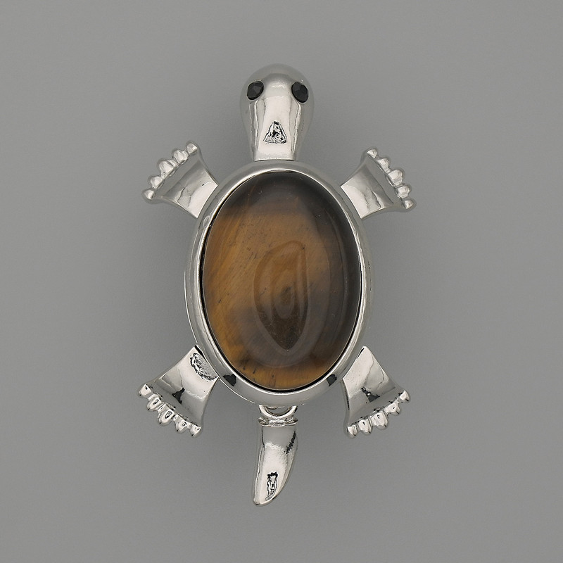 Brooch Pendant Turtle Tiger's Eye 52x35mm+/- Moving Parts Silver-Tone Metal