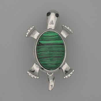 Brooch Pendant Turtle Malachite 52x35mm+/- Moving Parts Silver-Tone Metal