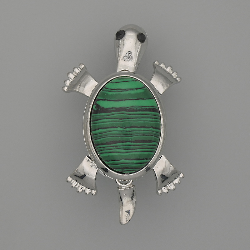 Brooch Pendant Turtle Malachite 52x35mm+/- Moving Parts Silver-Tone Metal