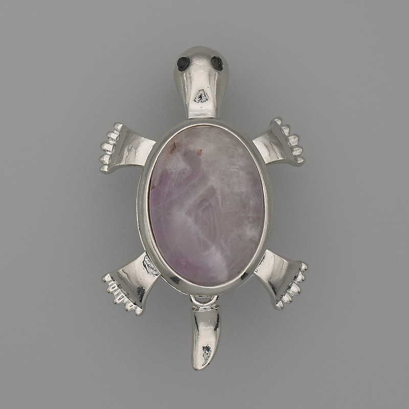Brooch Pendant Turtle Amethyst 52x35mm+/- Moving Parts Silver-Tone Metal