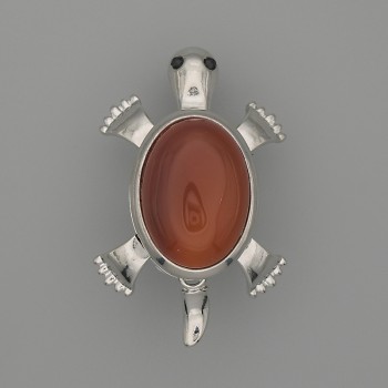 Brooch Pendant Turtle Carnelian 52x35mm+/- Moving Parts Silver-Tone Metal