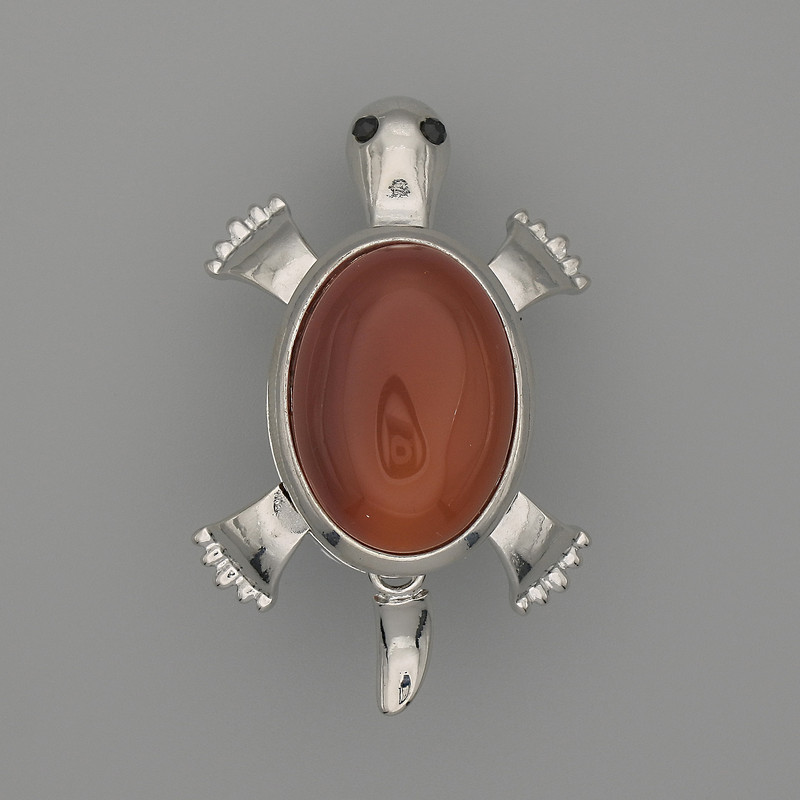 Brooch Pendant Turtle Carnelian 52x35mm+/- Moving Parts Silver-Tone Metal