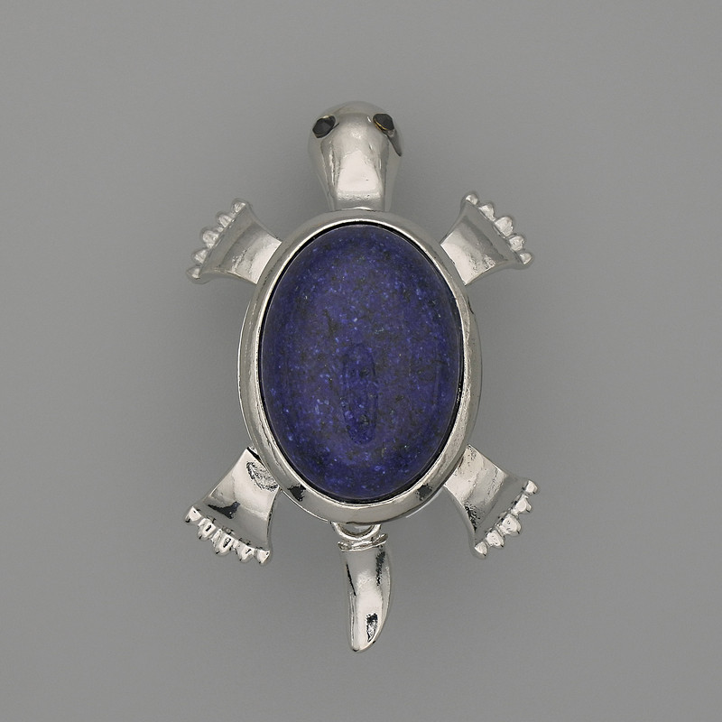 Brooch Pendant Turtle Lapis Lazuli 52x35mm+/- movable parts silver-tone metal