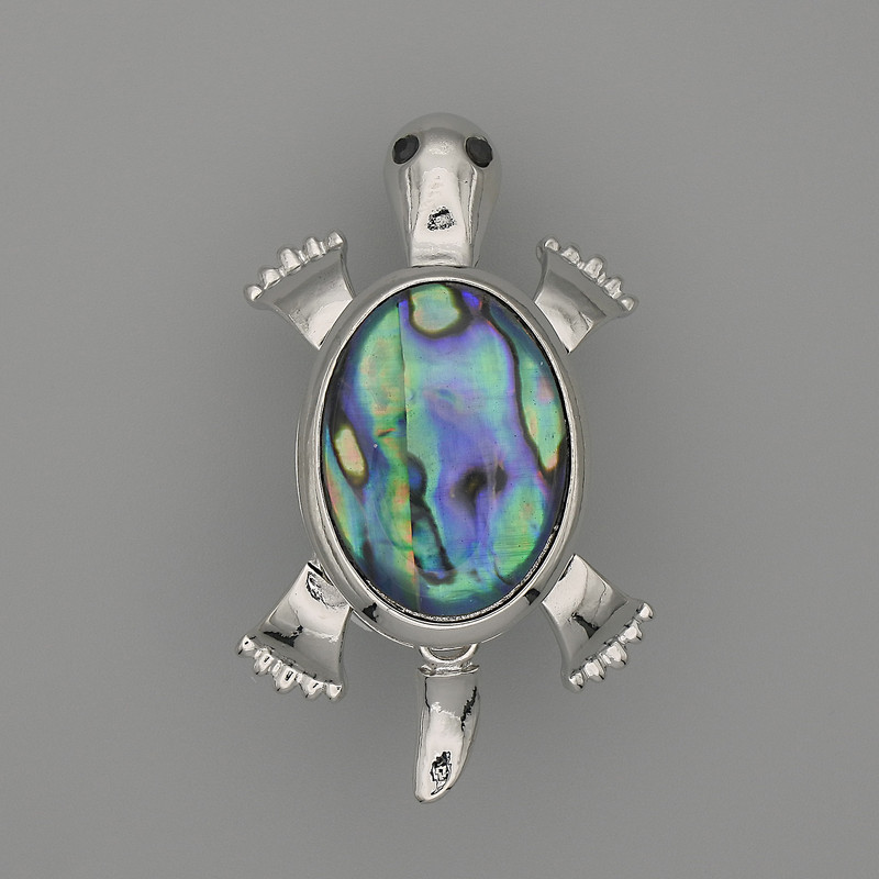 Brooch Pendant Turtle Abalone 52x35mm+/- movable parts silver-tone metal