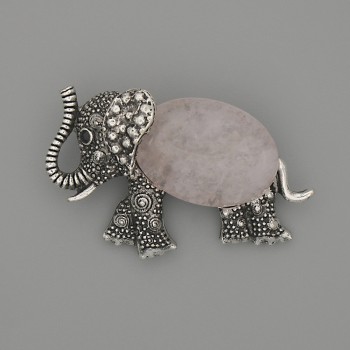 Brooch Pendant Elephant Rose Quartz 45x27mm+/- black rhinestones silver-tone metal