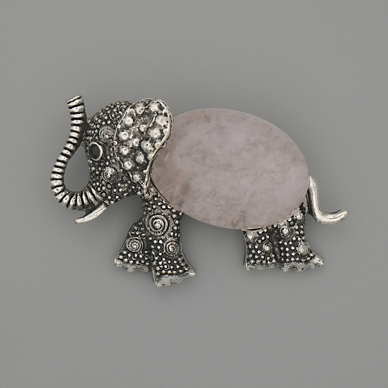 Brooch Pendant Elephant Rose Quartz 45x27mm+/- black rhinestones silver-tone metal