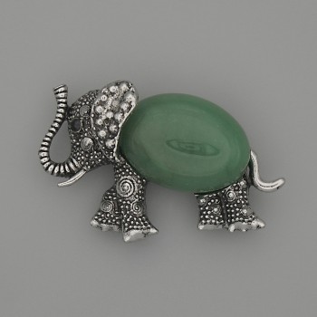 Brooch Pendant Elephant Jade 45x27mm+- black crystals silver-tone metal