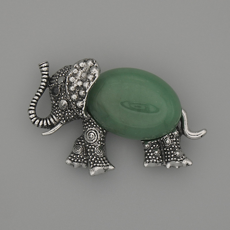 Brooch Pendant Elephant Jade 45x27mm+- black crystals silver-tone metal
