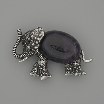 Brooch Pendant Elephant Amethyst 45x27mm+/- Black Rhinestones Silver-Tone Metal