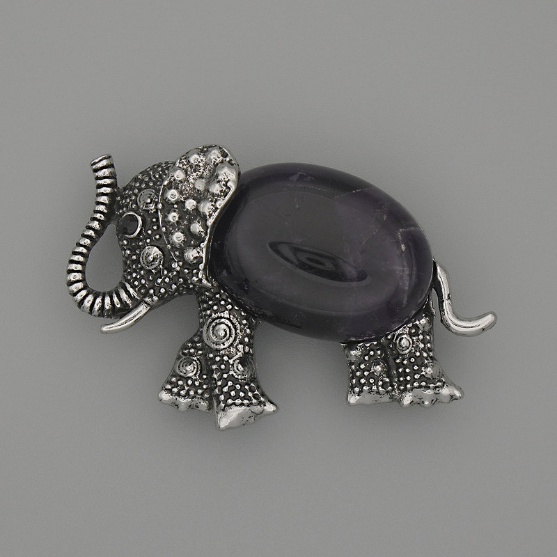 Brooch Pendant Elephant Amethyst 45x27mm+/- Black Rhinestones Silver-Tone Metal