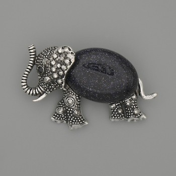Brooch Pendant Elephant Aventurine Cairo Night 45x27mm+/- black rhinestones silver-tone metal