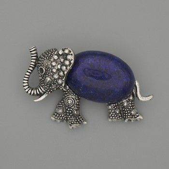 Brooch Pendant Elephant Lapis Lazuli 45x27mm+/- black rhinestones silver-tone metal