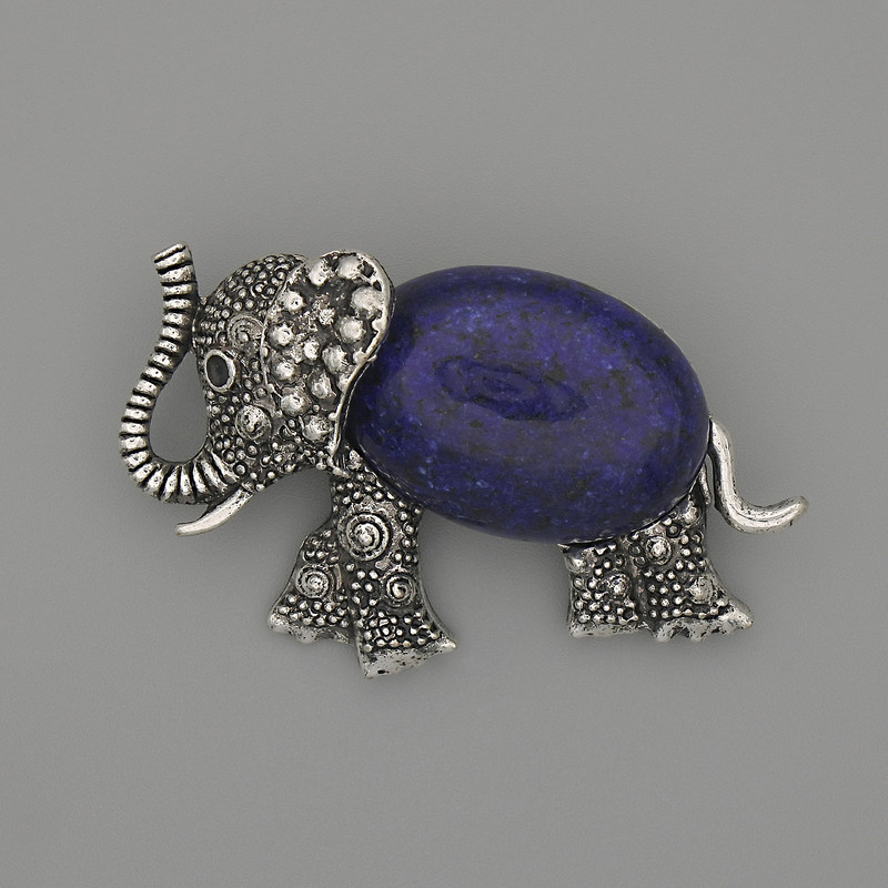 Brooch Pendant Elephant Lapis Lazuli 45x27mm+/- black rhinestones silver-tone metal