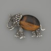 Brooch Pendant Elephant Tiger's Eye 45x27mm+/- Black Rhinestones Silver-Tone Metal