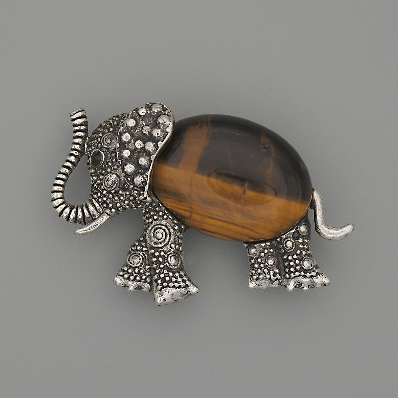 Brooch Pendant Elephant Tiger's Eye 45x27mm+/- Black Rhinestones Silver-Tone Metal