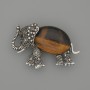 Brooch Pendant Elephant Tiger's Eye 45x27mm+/- Black Rhinestones Silver-Tone Metal