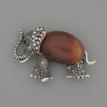 Brooch Pendant Elephant Carnelian 45x27mm+- black crystals silver-tone metal