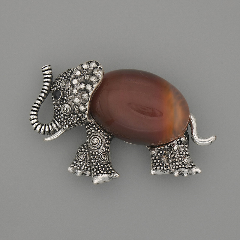 Brooch Pendant Elephant Carnelian 45x27mm+- black crystals silver-tone metal