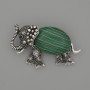 Brooch Pendant Elephant Malachite 45x27mm+/- Black Rhinestones Silver-Tone Metal
