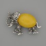 Brooch Pendant Elephant Imitation Amber 45x27mm+/- Black Rhinestones Silver-Tone Metal