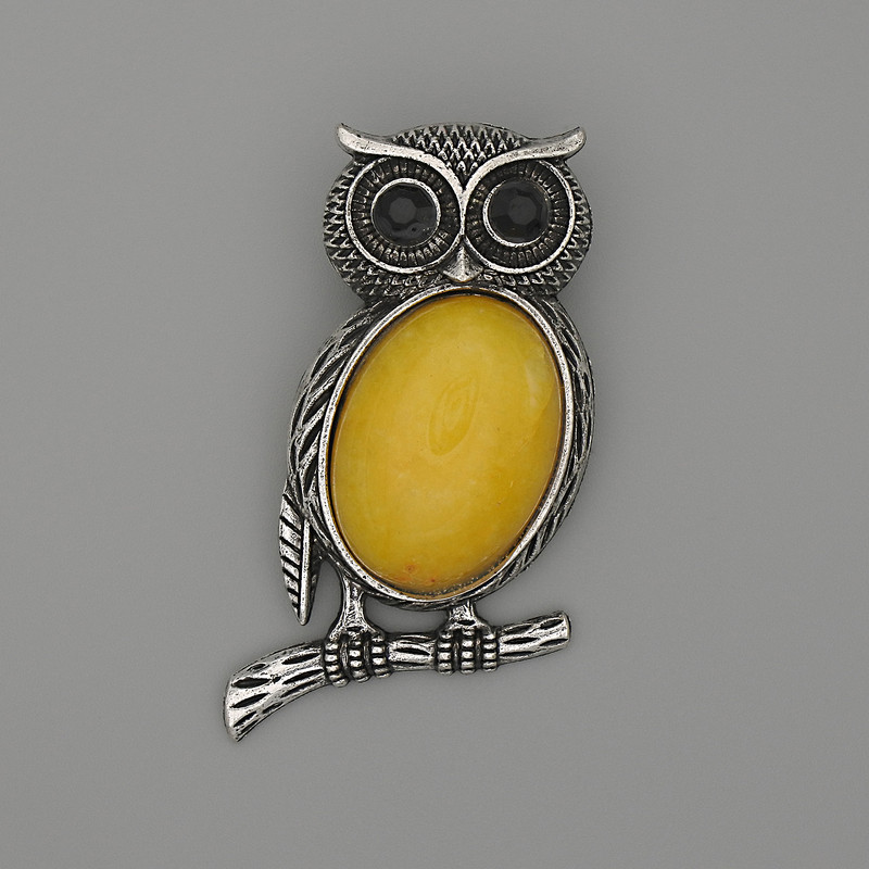 Brooch Pendant Owl Imitation Amber 45x25mm+/- Black Rhinestones Silver-Tone Metal