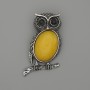 Brooch Pendant Owl Imitation Amber 45x25mm+/- Black Rhinestones Silver-Tone Metal