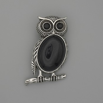 Brooch Pendant Owl Aventurine Cairo Night 45x25mm+/- black rhinestones silver-tone metal