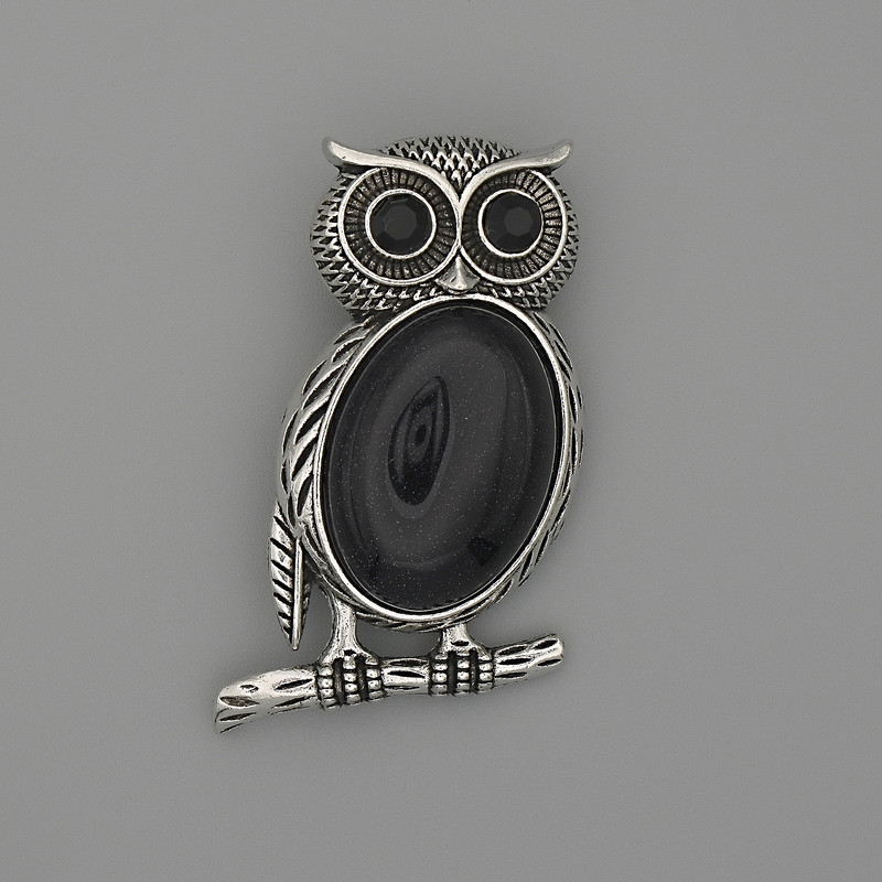 Brooch Pendant Owl Aventurine Cairo Night 45x25mm+/- black rhinestones silver-tone metal