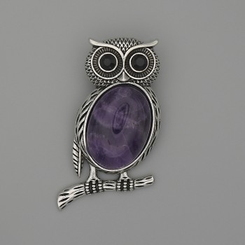 Brooch Pendant Owl Amethyst 45x25mm+- black crystals silver-tone metal