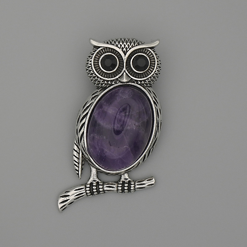 Brooch Pendant Owl Amethyst 45x25mm+- black crystals silver-tone metal