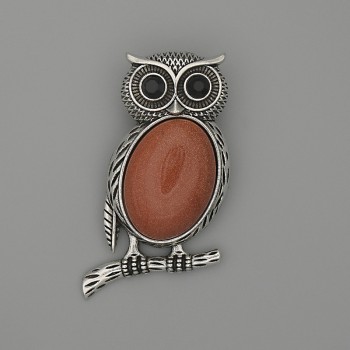 Brooch Pendant Owl Aventurine Golden Sand 45x25mm+/- black rhinestones silver-tone metal